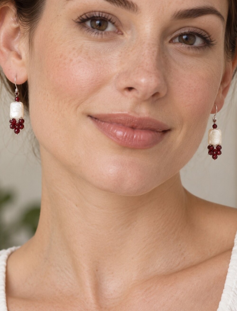 Handmade Square Pearl and Red Glass Earrings Coastal Elegant - Pre-loved (1.5")